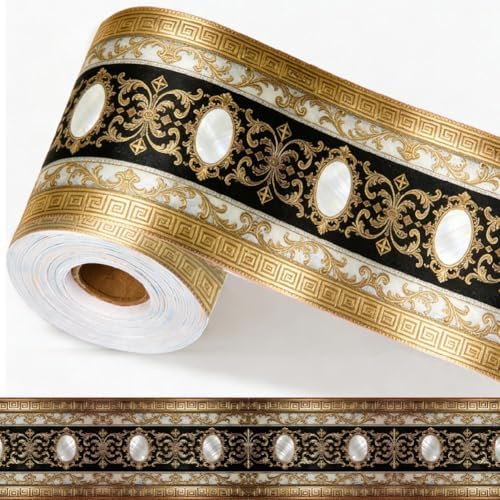 Black Gold Wallpaper Border 196.9 x 3.9 Inch Wall Border Trim Peel and Stick Vintage Pattern PVC Decorative Molding Sticker for Living Room Bathroom Kitchen Backsplash Hotel Home Decoration by PRESSINART