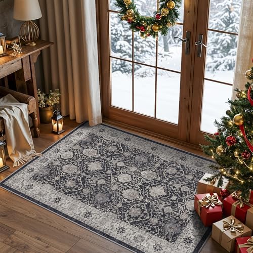Washable 3x4 Entryway Area Rugs: Ultra Soft Low Pile Carpet for Kitchen Nursery Indoor Light-Weight Doormat Anti-Slip Thin Entry Rug for Living Room Bedroom Small Vintage Floor Mat(3x4,Black) by HYHAOYUNLAI