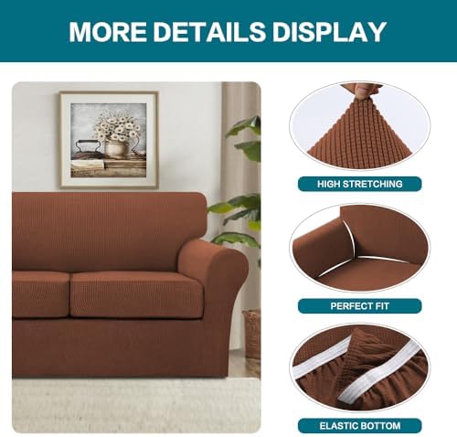 Turquoize 4 Piece Sofa Covers for 3 Cushion Couch Slipcover Soft Cover Dogs-Washable Furniture with Individual Covers,Feature Jacquard Fabric(3 Cushion Sofa, Caramel) - Image 4