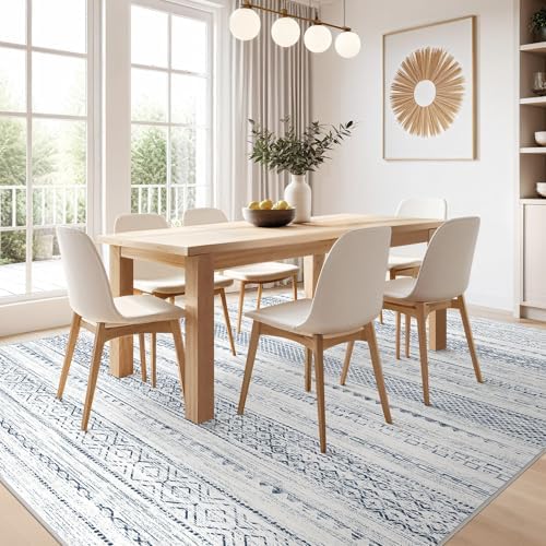 Nakagishi 6x9 Area Rugs Living Room: Washable Boho Large Neutral Soft Farmhouse Rug Stain Resistant Modern Indoor Floor Non-Slip Carpet for Bedroom Nursery Playroom Office Dining Room Dorm-White Blue - Image 4