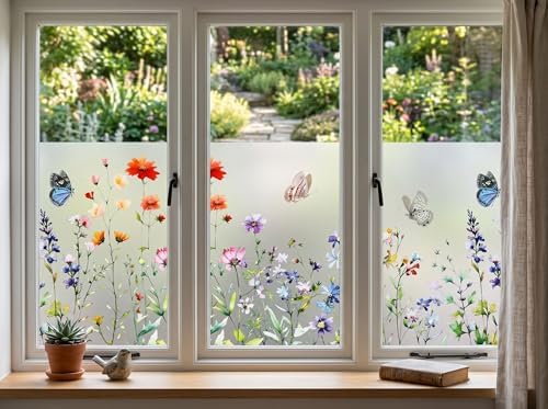Static Cling Window Privacy Film, 78" x 17" Frosted Glass Covering with Wildflower & Botanical Patterns, Removable No Glue Window Film for Home Bathroom Bedroom Office (Butterfly Floral) - Image 2