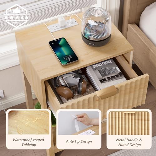 Nasonet Night Stand Set 2, Fluted Nightstand with Charging Station, Wood Bedside Table with Drawer & Storage Shelf, Modern End Tables for Bedroom Sofa Couch Office, Natural Oak - Image 5