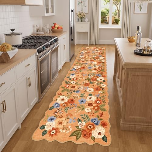 DUKINO 2x8 Washable Runner Rug, Floral Non Slip Kitchen Runner Rug, Orange by DUKINO