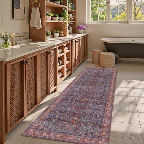 Washable Area Rug 2'6'' x 8' Vintage Traditional Persian Mat - Foldable Distressed Non-Slip Machine Washable Carpet for Living Room Bedroom Kitchen Home Decor - Indigo and Crimson - Image 2