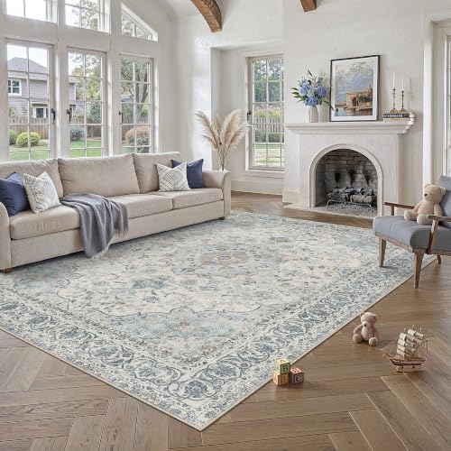 8x10 Washable Area Rug Navy Blue Non Slip Vintage Carpet by WondRg