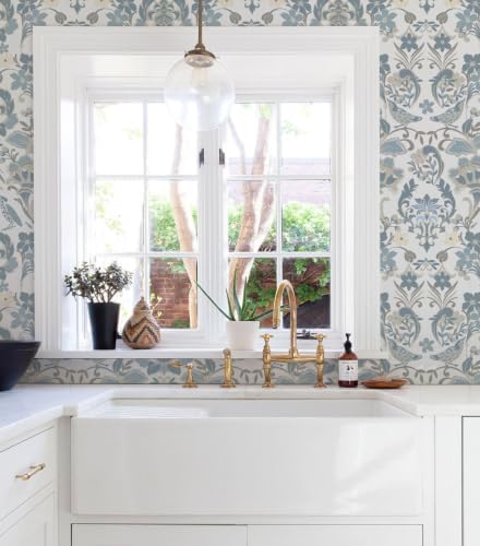 Vintage Peel and Stick Wallpaper, Light Blue Beige Traditional Damask Floral Removable Wallpaper for Bedroom Closet Accent Wall, Farmhouse Cottage Home Decor (Soft Blue, 17.3"x236.22") - Image 4