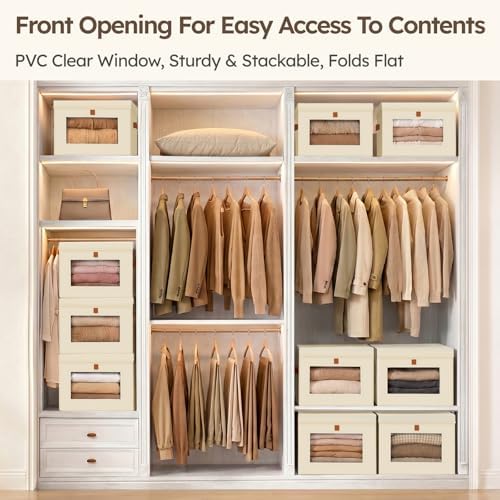 Homsorout Storage Bins with Lids - Front Opening Storage Box with Clear Window & Handles, Stackable Foldable Fabric Bins for Closet Organization, Clothes, Sweaters, Towels, Blankets, 3 Pack, Beige - Image 2