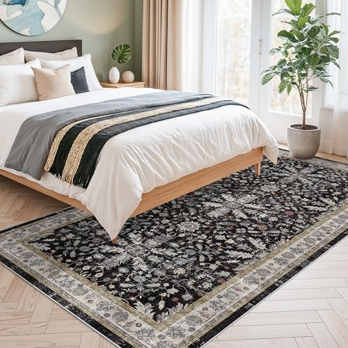 4x8 Rug Washable for Entryway Kitchen – Non-Slip Rubber Backed Area Rug for Hallway Bedroom Living Room Office,Boho Floral Low Pile Thin Floor Indoor Mat (Black,4x8) - Image 4