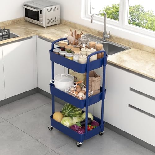 Sywhitta 3-Tier Plastic Rolling Utility Cart with Wheels for Storage,Blue - Image 5