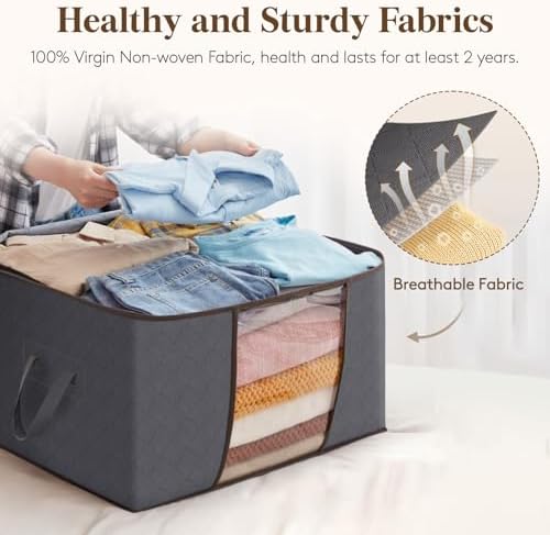 Lifewit 3 Pack 60L Clothes Storage Bins with Lids, Foldable Blanket Storage Bags with Zippers, Clear Window and Reinforced Handles, Closet and Organization for Clothing, Sweater, Comforter, Bedding - Image 3