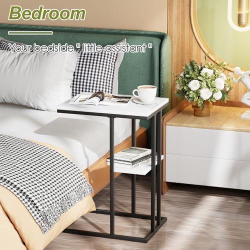 C Shaped End Side Table, Couch Sofa Table for Small Space, Black Snack Table with Metal Frame, TV Tray Table for Bed, Living Room, Bedroom, Bedside(White Marble) - Image 7