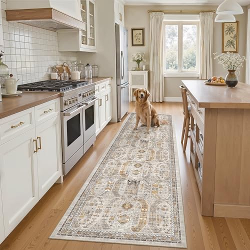 Madane Hallway Runner Rug 2x8 Washable Kitchen Rugs Non-Slip, Brown/Gold by Madane