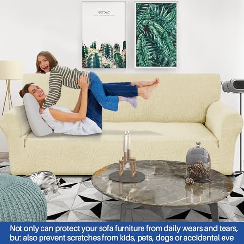 YEMYHOM Couch Cover Latest Jacquard Design High Stretch Sofa Covers for 3 Cushion Couch, Pet Dog Cat Proof Slipcover Non Slip Magic Elastic Furniture Protector (Large, Begonia Leaf Beige) - Image 2