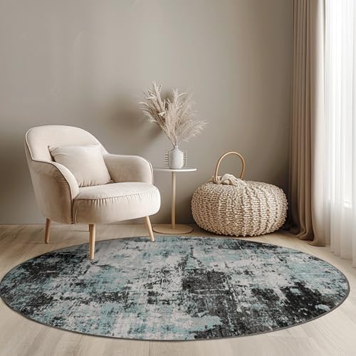 RELEANY Washable Round 4ft Area Rug for Living Room Teal Black by RELEANY