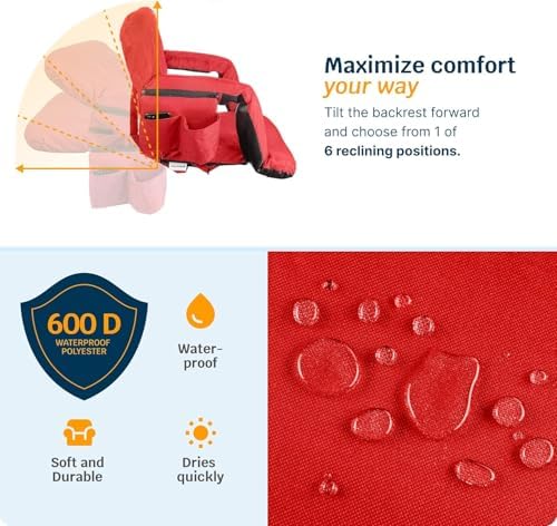 Alpcour Heated Reclining Stadium Seat for Bleachers – Wide Bleacher Chair with Back Support and Cushion, Armrests, Side Pockets, & Hook – Stadium Seats Chairs for Camping, Kayak, Paddle Board & More - Image 6