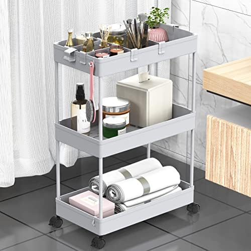 SPACELEAD 3 Tier Rolling Cart with Wheels, Storage Craft Art Trolley Organizer Serving, 3 Hanging Baskets Easy Assembly, for Office, Living Room, Kitchen, Gray by Home