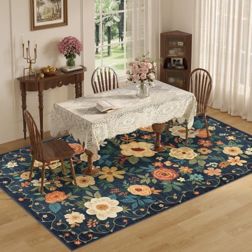 DUKINO 5x8 Area Rug for Bedroom, Floral Washable Rug Non Slip, Navy Blue - Image 5