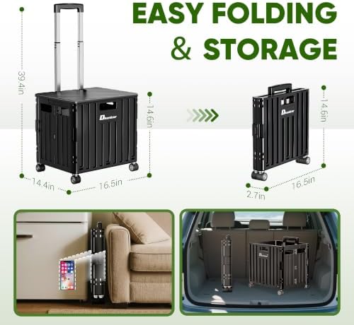 Folding Utility Cart, Portable Rolling Crate Handcart Collapsible Shopping Trolley with Lid, Foldable Tool Box Basket with 4 Rotate Wheels for Grocery, Office, Luggage, School - Black - Image 4