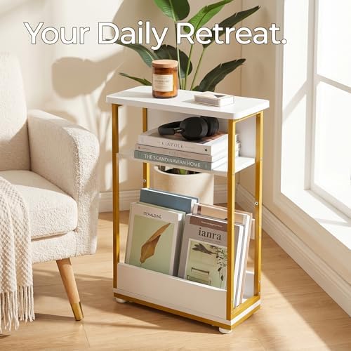 Narrow Side Table,3-Tier Slim End Table with Storage Shelf,Modern Sofa Table Thin Side Table for Small Spaces, Skinny Bedside Table Small Nightstand with Magazine Rack Space Saving/White+Gold - Image 4