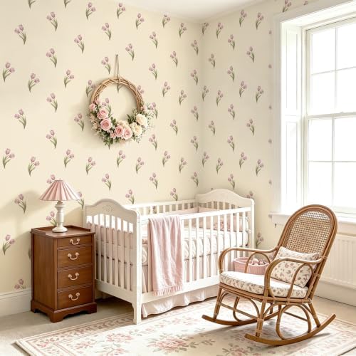 Safiyya Vintage Floral Peel and Stick Wallpaper 17.3''x197'' Retro Tulip Flower for Gilrs Room Contact Paper for Cabinets Self Adheisve Removable Wallpaper for Bedroom Accent Wall - Image 4
