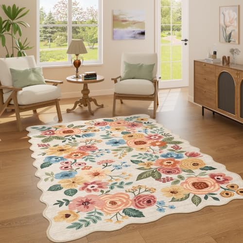DUKINO 4x6 Area Rug, Non Slip Floral Washable Living Room Rug, Beige Yellow by DUKINO