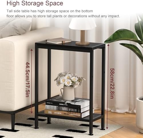 Narrow Side Table Set of 2 for Small Space, 2-Tier Slim End Table, Thin Nightstand, Skinny Snack Couch Table, Sofa Bedside Table in Living Room, Bedroom, Study, Kitchen and Balcony (Black) - Image 5