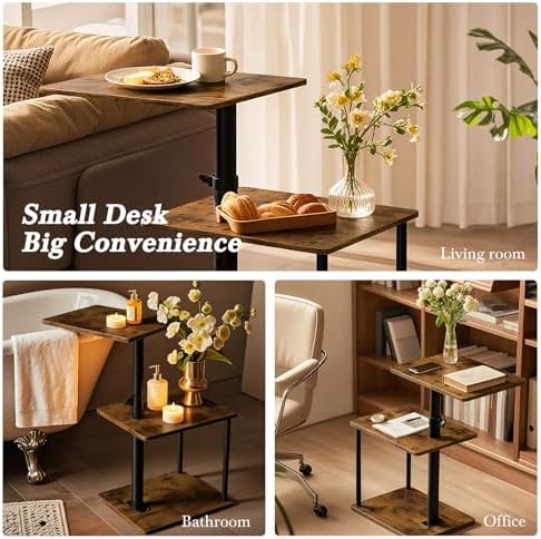 Faesun 360° Swivel Side Table for Height Adjustable, C Shaped End Table for Couch with Storage, 3-Tier Night Stand with Open Shelf, Tv Tray for Small Spaces, Living Room, Bedroom, Rustic Brown - Image 5