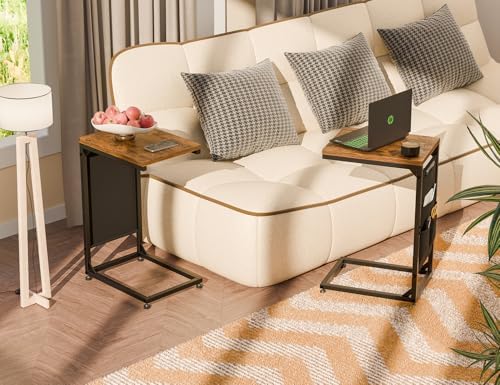 Simple Trending C Shaped End Table, Side Table TV Trays Set of 2 with Fabric Storage Bag, Couch Sofa Table for Living Room, Rustic Brown - Image 2