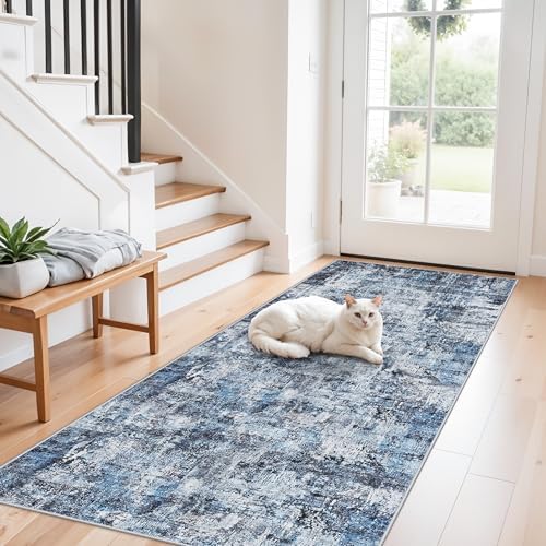 3x7 Washable Non-Slip Kitchen Runner Rug – Modern Abstract Neutral Carpet for Hallway, Entryway, Bedroom, Laundry Room – Low-Pile Thin Wide Floor Runner with Rubber Backing（Blue） by ZHXXUJ