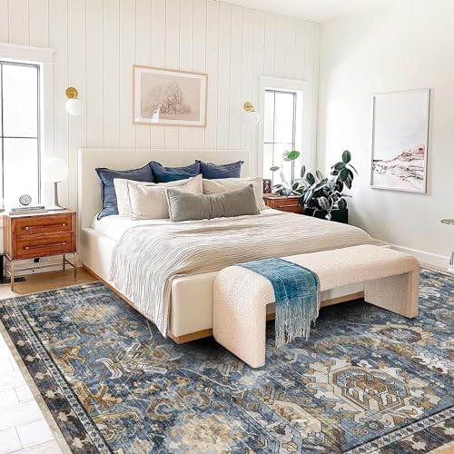 RUGSURE Washable Area Rugs - Perfect for Living Room, Bedroom, Kids Room, Nursery - Stain & Water Resistant Non-Slip, Pet & Child Friendly, Vintage Tribal Area Rugs (Navy, 6' x 9') - Image 6