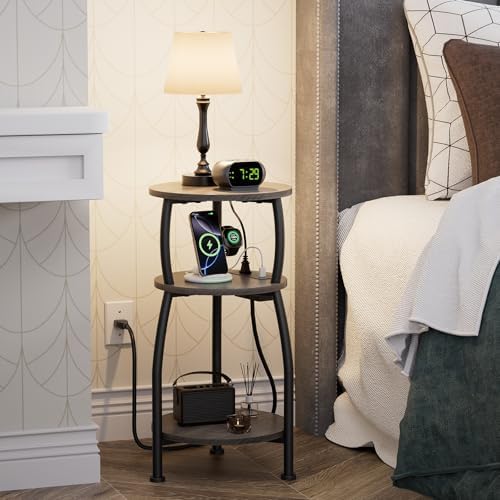 Round Side Table with Charging Station, Small Spaces Nightstand - Image 2