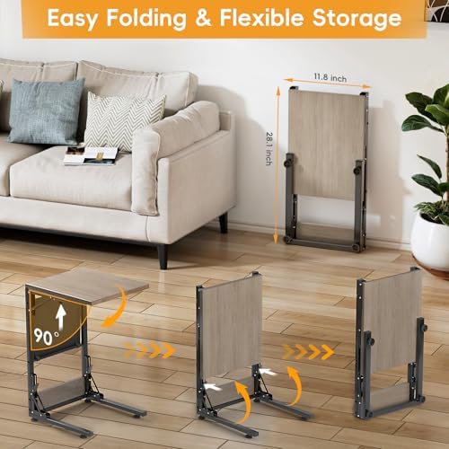 Folding TV Tray Table, Small Folding Side Table with Storage Bag, Portable C Shaped End Table for Couch Sofa Bed, Oak Gray - Image 5