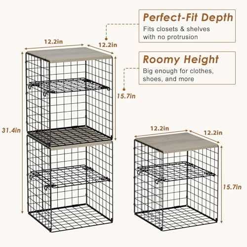 4-Tier Stackable Closet Organizers and Storage, Adjustable Dividers & Wood Top Storage Shelves for Clothes, Wardrobe & Closet Storage Basket Bins/Cube, Space-Saving Closet Organizer System, Black - Image 3