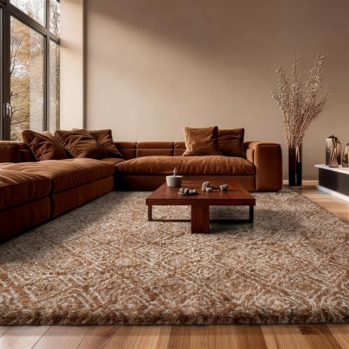 Ophanie 9x12 Brown and White Diamond Striped Rugs for Living Room,Large Fluffy Shag Fuzzy Plush Soft Carpets,Shaggy Rug for Bedroom,Carpet for Kids Boys Girls Dorm Decor with Over 99 pcs Pile fibers - Image 4