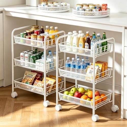 3-Tier Mesh Rolling Cart - 24.8" H Fits Under Desk Metal Cart with Wheel - Image 3