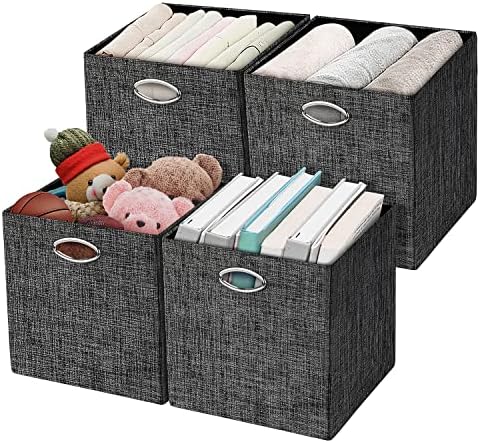 Posprica Storage Cubes,12×12 Storage Bins,Foldable Storage Baskets Fabric Drawers Containers for Shelf Cabinet Bookcase,Thick and Heavy Duty (4pcs, black) by Posprica