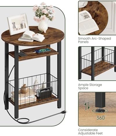 Folding Side Table with Charging Station, 3-Tier Narrow End Couch Table with Folding Top, Storage Basket, Round Side Table for Small Spaces, for Sofa Living Room, Bedroom, Rustic Brown TBZ10UBF - Image 5