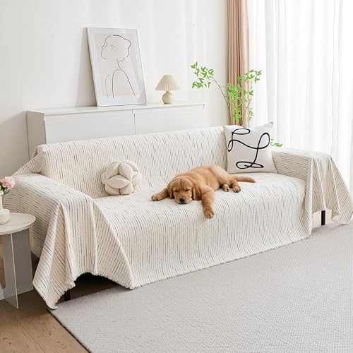 MYSKY HOME Couch Cover for Dogs, Sectional Couch Cover, Beige Lines Sofa Covers for Sectional Sofa L Shape Chenille Couch Protector for Dogs Pets Couch Covers Washable Soft Throw, 91"X150" by MYSKYHOME