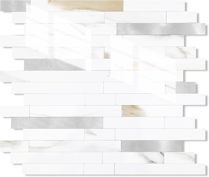 Yipscazo 10 Sheets Peel and Stick Stone Metal Tile Backsplash, Stick on Tiles for Backsplash Kitchen, Bathroom, Laundry Room, Camper, Fireplace (12'' X 12'', Polished Marble) by Yipscazo