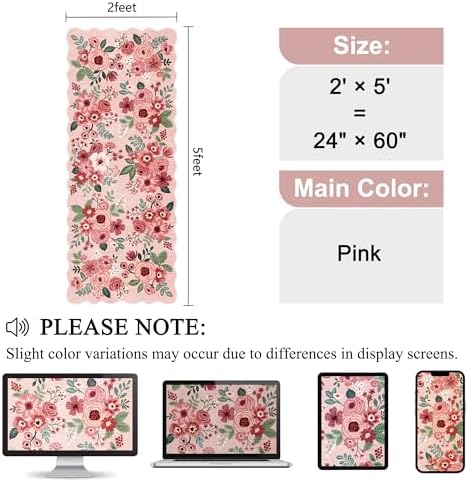 DUKINO 2x5 Washable Runner Rug, Floral Non Slip Rug for Kitchen, Pink - Image 2