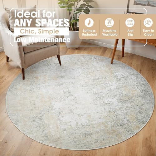 Aelenmu Round Rug 5ft Washable Rug for Dining Room Living Room Beige Grey - Image 3