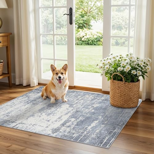 Washable 2x3 Entryway Area Rug: Modern Abstract Neutral Kitchen Rug Vintage Soft Floor Mat for Stove & Sink Area Non-Slip Indoor Farmhouse Carpet for Bathroom Bedroom Boho Beside Rug(2x3,Blue/Ivory) by HYHAOYUNLAI