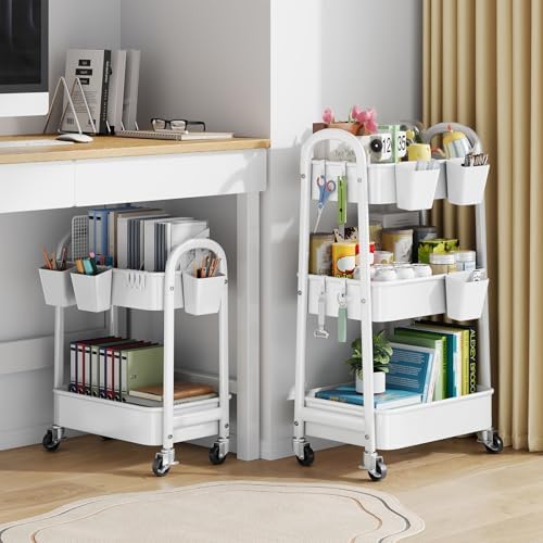 2 Tier Rolling Cart Metal with Wheels,White Under Desk Storage Roller Carts - Image 5