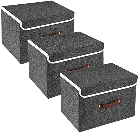 TYEERS Collapsible Storage Boxes, Washable Fabric Storage Bins with Lids, 14.9x9.8x9.8 inches, 3 Pack, Black by StorageOrganization