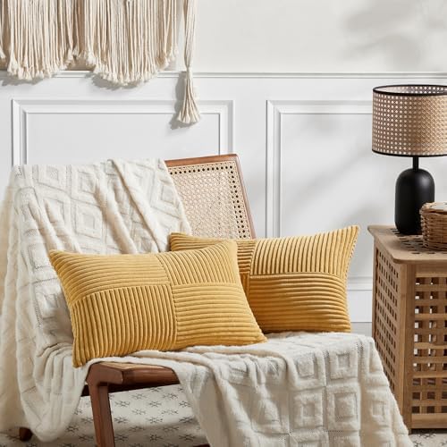 Fancy Homi 2 Packs Gold Yellow Lumbar Decorative Throw Pillow Covers 14x24 Inch for Couch Bed Sofa, Rustic Farmhouse Boho Spring Home Decor, Soft Striped Corduroy Rectangle Accent Cushion Case 35x60cm - Image 6