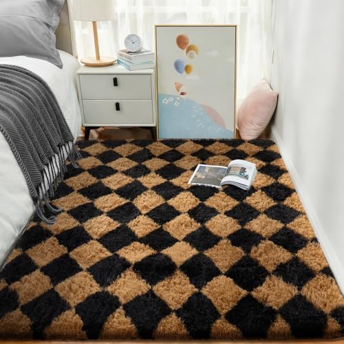 Ophanie Black & Beige Diamond Checkered Rugs for Living Room Bedroom,Rhombus Fluffy Soft Cute Fuzzy Area Rug,Plush Shaggy Bedside Floor 4x6 Furry Carpet Kids Dorm Decor with Over 99 pcs Pile fibers - Image 5