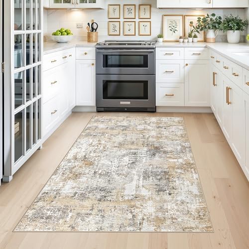 4x6 Washable Entryway Rug – Non-Slip Low-Pile Small Area Rug for Kitchen Bedroom Living Room Office – Modern Abstract Neutral Throw Carpet with Rubber Backing (Gold Grey) - Image 3