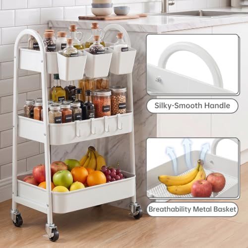 danpinera 3-Tier Rolling Cart, Utility Cart Mobile Metal Rolling Storage Cart with Lockable Wheels & Hanging Cups & Hooks for Kitchen, Bathroom, Office, Workshop, White - Image 3