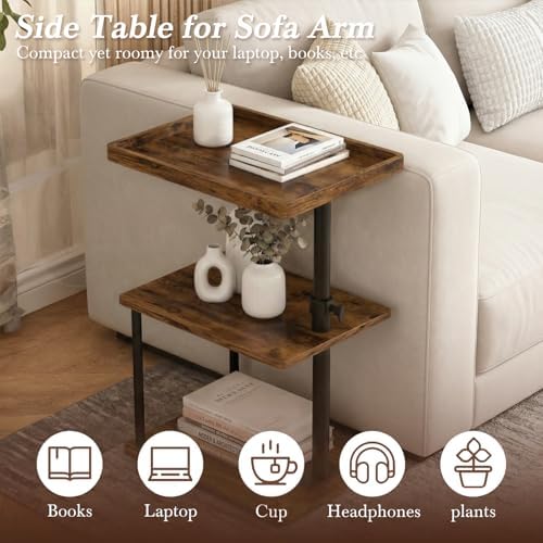 Faesun C Table End Table Adjustable Height, 360°Swivel TV Tray Table for Small Spaces, Small Nightstand for Living Room, Bedroom, Rustic - Image 5