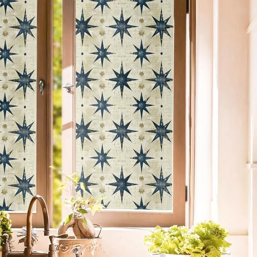 Grey Blue Star Boho Geometric Beige Modern Stained Glass Window Films Decorative Double-Side Privacy Film Self-Adhesive Static Clings for Living Room Bathroom Glass Windows Decor by Unknown